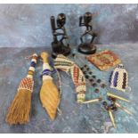 African Art - ebonised figures;  beadwork brush, horn and and spear;  a porcupine and bead necklace;