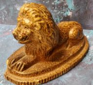 A 19th century Derbyshire salt glazed stoneware model, of a lion, oval base, 16cm wide, c.1890