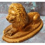 A 19th century Derbyshire salt glazed stoneware model, of a lion, oval base, 16cm wide, c.1890