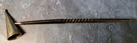 A silver candle snuffer, turned ebonised handle, 42cm long, Harrods, Birmingham 1966