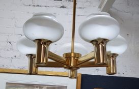 Lighting - a Mid Century Italian gilt metal and frosted glass five branch ceiling light