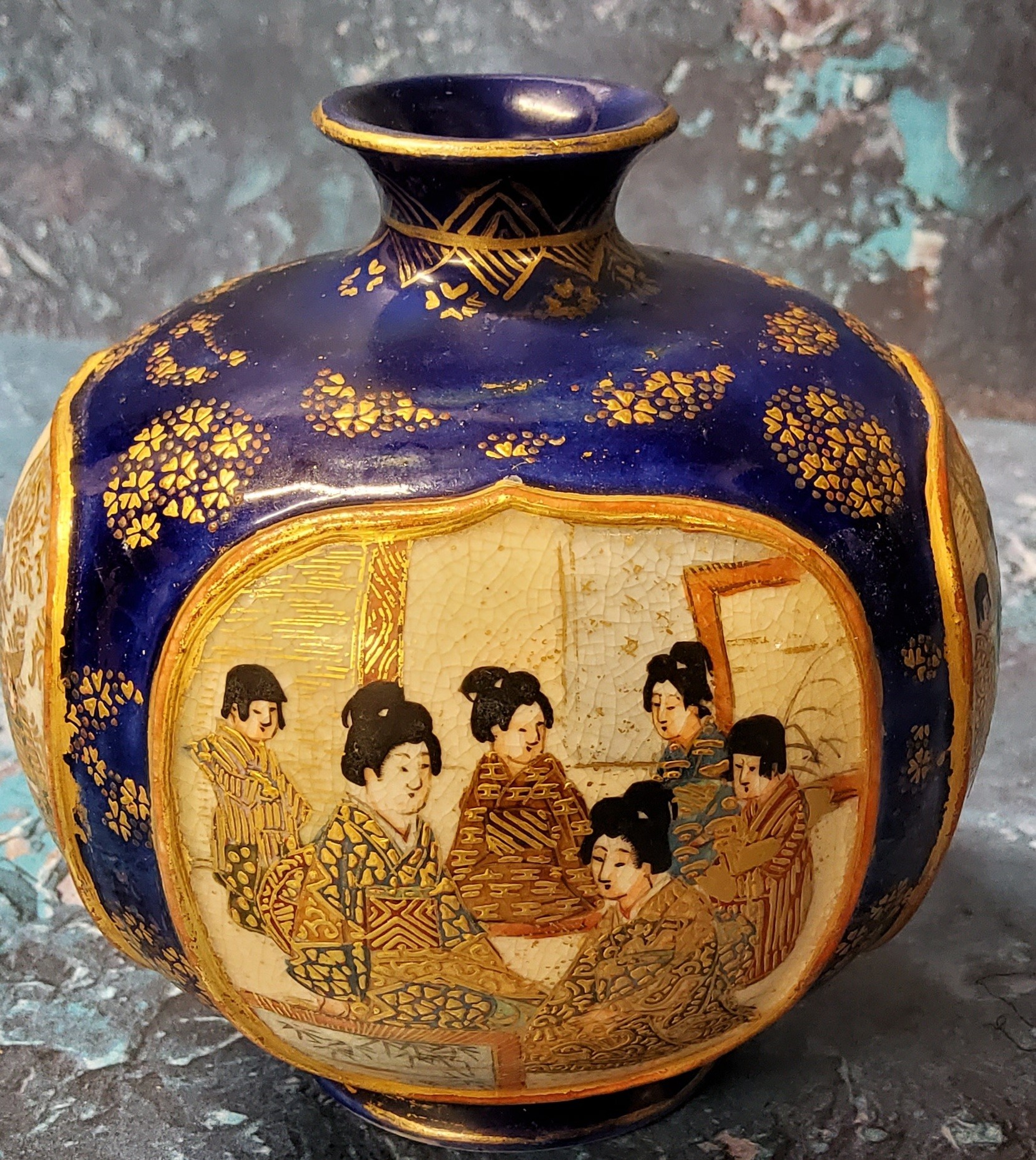 A Japanese Satsuma globular vase, with four raised cartouches, each with figures, cobalt blue ground - Image 4 of 4