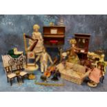 Dolls House Furniture - a harp, piano knowle sofa, fire surround, husband, wife, daughter and