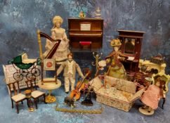 Dolls House Furniture - a harp, piano knowle sofa, fire surround, husband, wife, daughter and