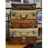 Vintage Luggage - five suitcases, baring cruise liner labels, leather examples embossed H B, etc