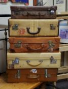 Vintage Luggage - five suitcases, baring cruise liner labels, leather examples embossed H B, etc