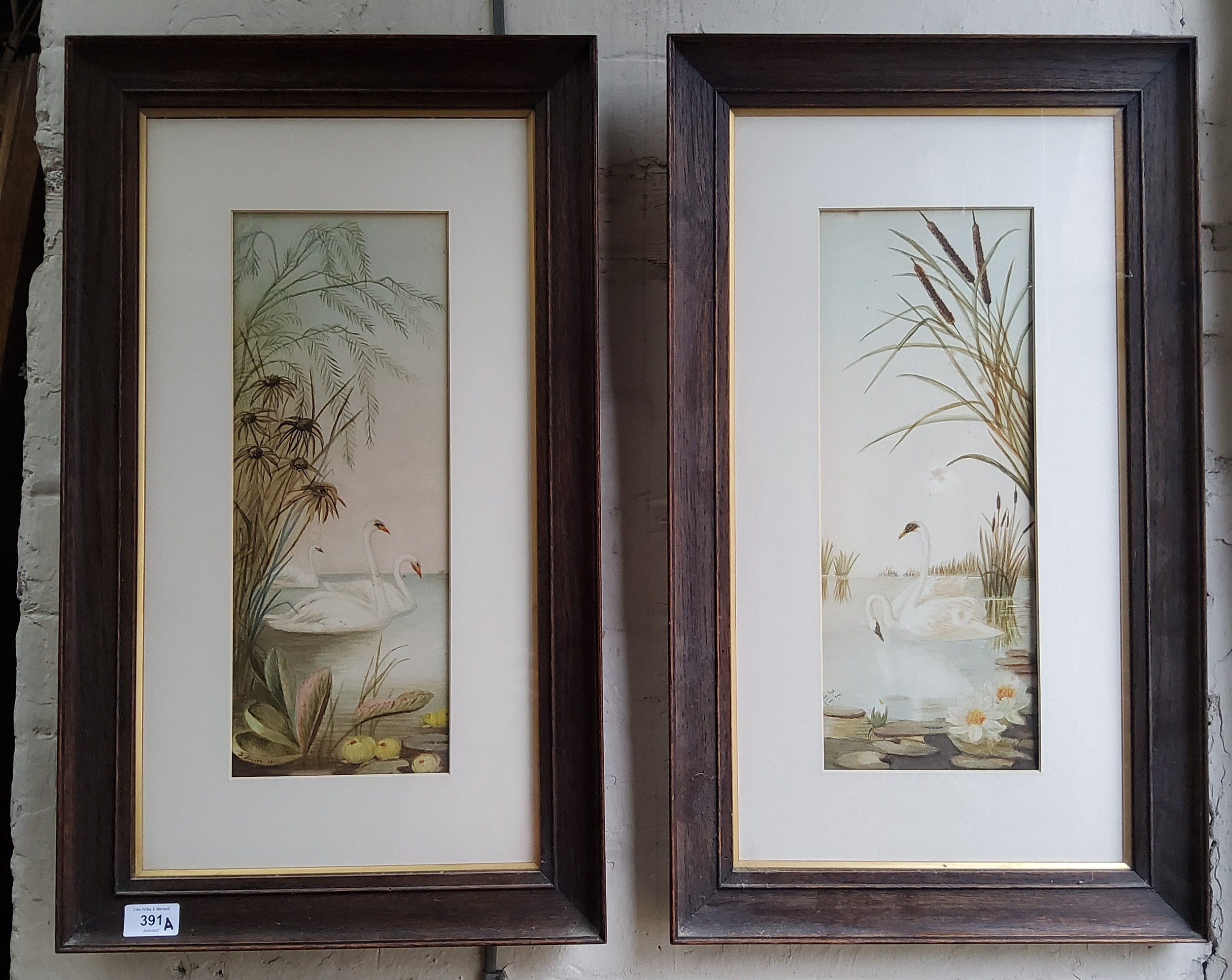 F**Smith (early 20th century) A Pair, Swans signed, dated 1910, watercolours, 40cm x 15cm