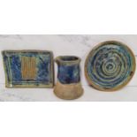 A Studio Pottery rectangular garlic scrapper, mottled blue glaze, 12.5cm wide, impressed mark;   a