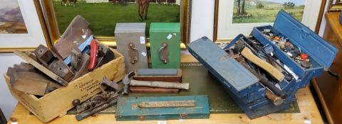 Tools - tool boxes, box planes, rebate planes, rosewood and brass set square, etc QTY