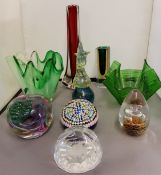 A glass millefiori paperweight, coloured canes, 7cm diam;  others, Mdina;  Pembrokeshire;  green