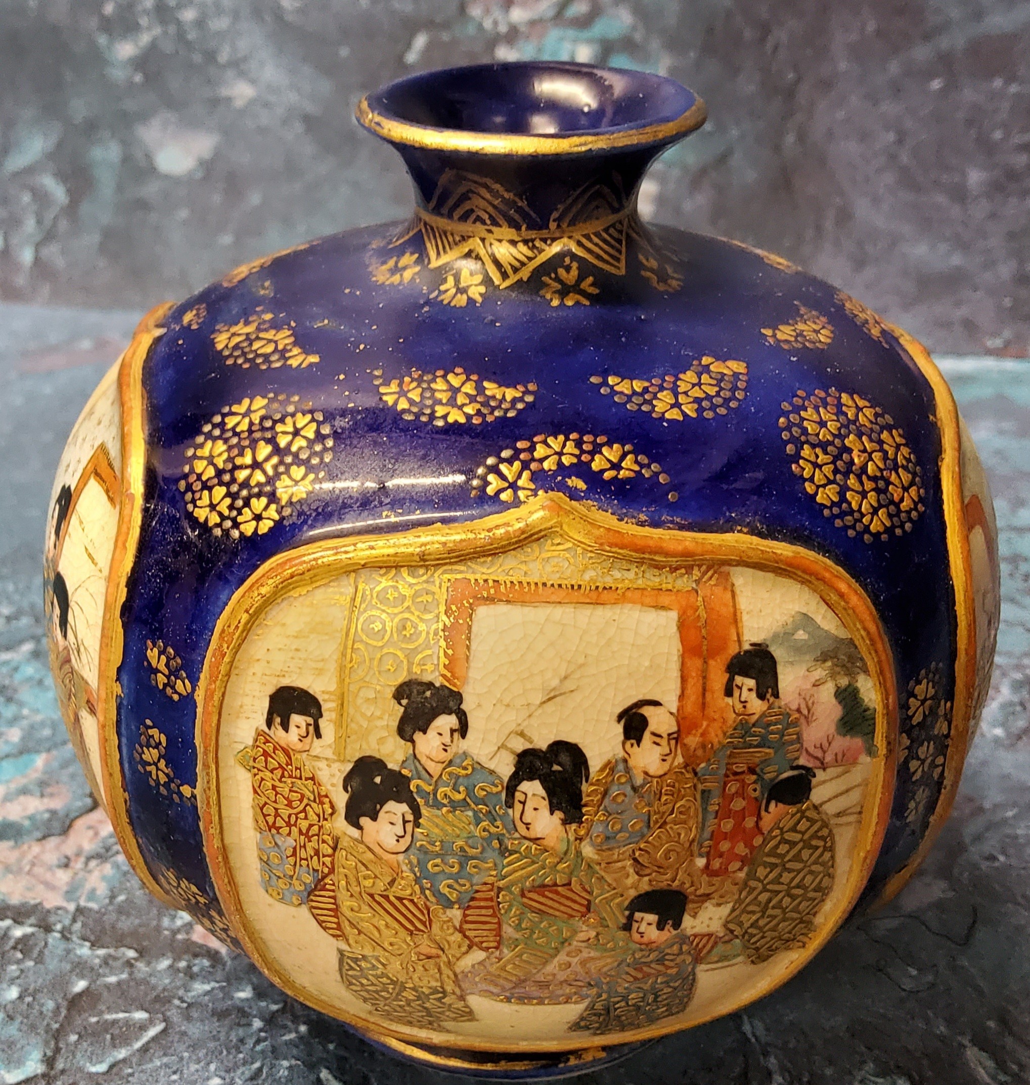 A Japanese Satsuma globular vase, with four raised cartouches, each with figures, cobalt blue ground - Image 3 of 4