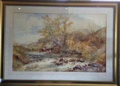 William Widgery (1826-1893) Cattle Watering, signed, watercolour, 43.5 x 71cm