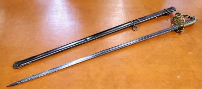 A Victorian Army Infantry Officers sword, 82cm single edged chased fullered blade, brass guard