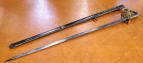 A Victorian Army Infantry Officers sword, 82cm single edged chased fullered blade, brass guard