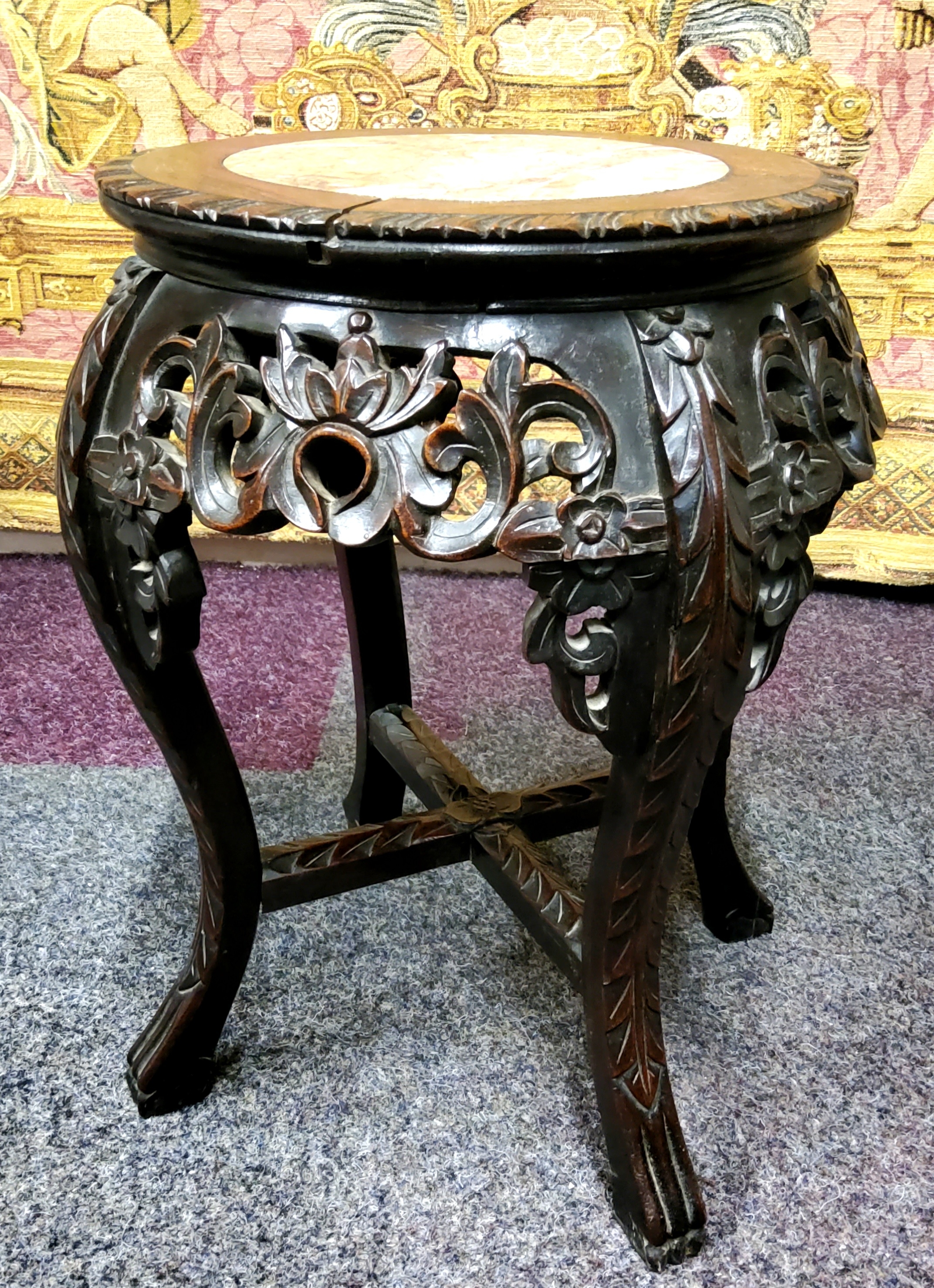 A 19th century Chinese hardwood jardiniere stand, circular top inset with a well figured marble - Image 2 of 4