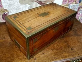 A George IV rosewood and brass marquetry campaign writing box, banded border, fitted interior, flush