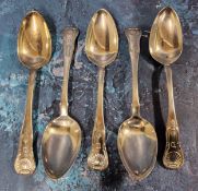 A set of five George IV silver Fiddle and Shell pattern dessert spoons, probably James McKay,