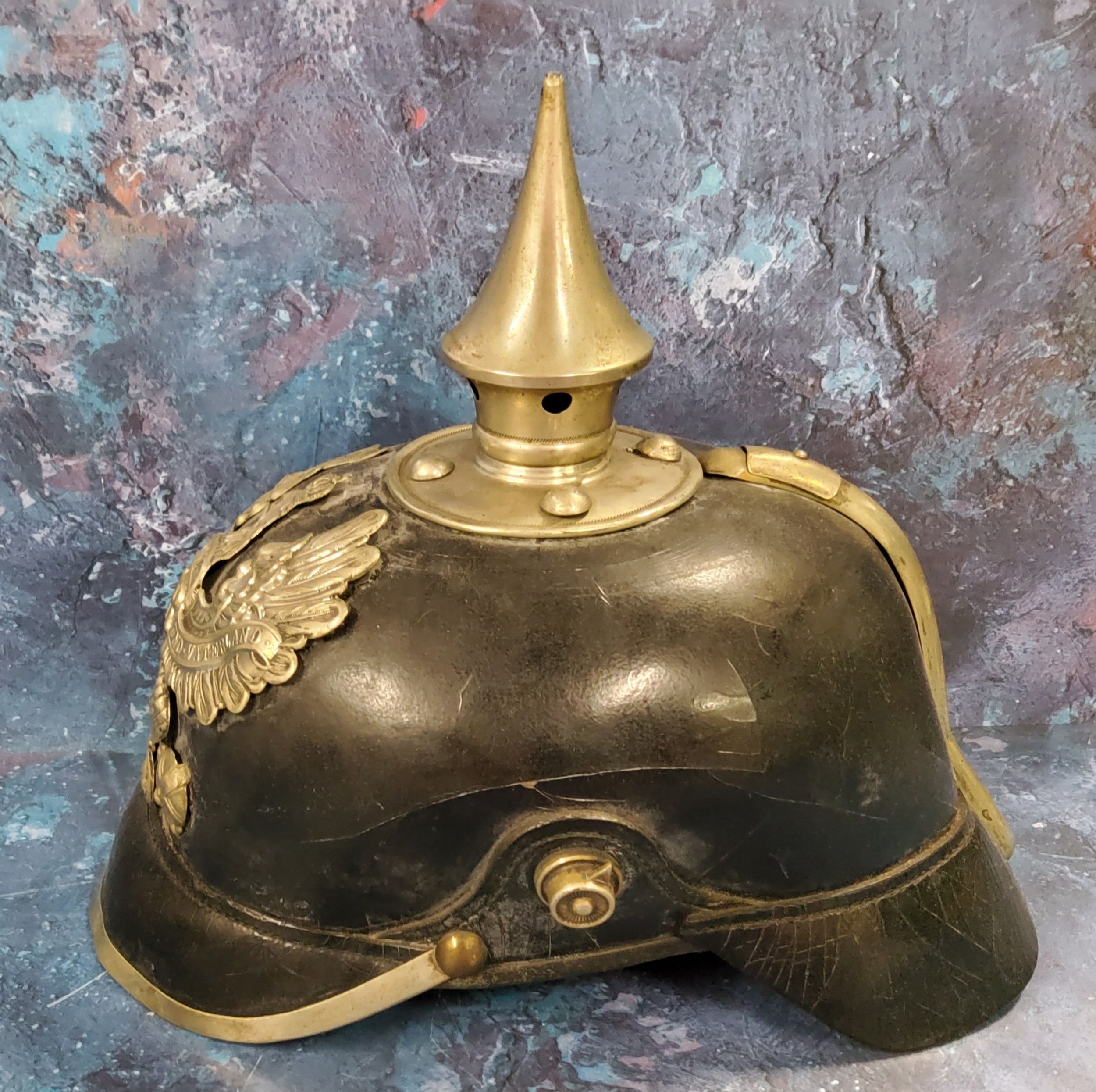 A World War I German Pickelhaube spiked helmet leather skull, original lining spike top, pressed - Image 3 of 5