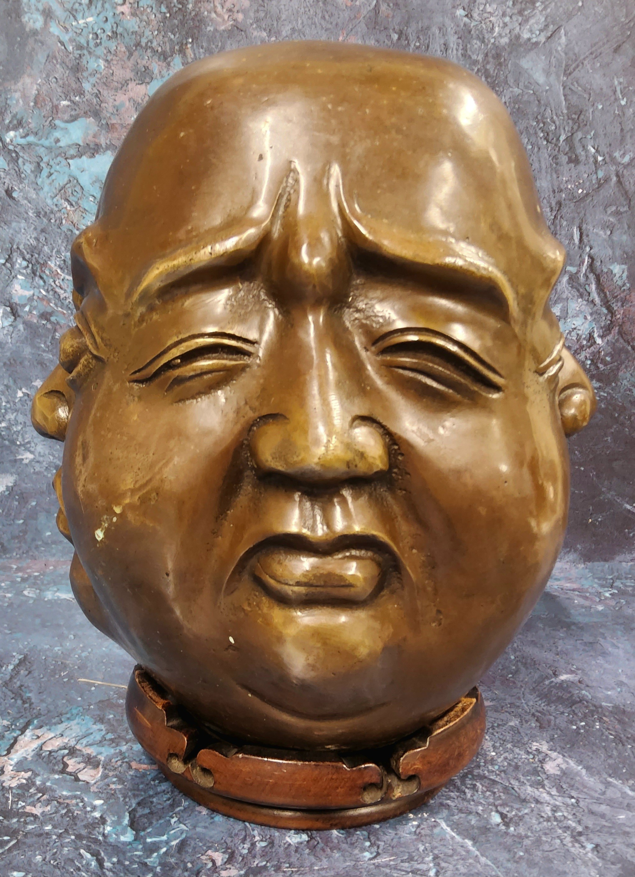 Chinese School, a brown patinated bronze, The Four Faces of Buddha, 24cm high, hardwood stand - Image 3 of 6