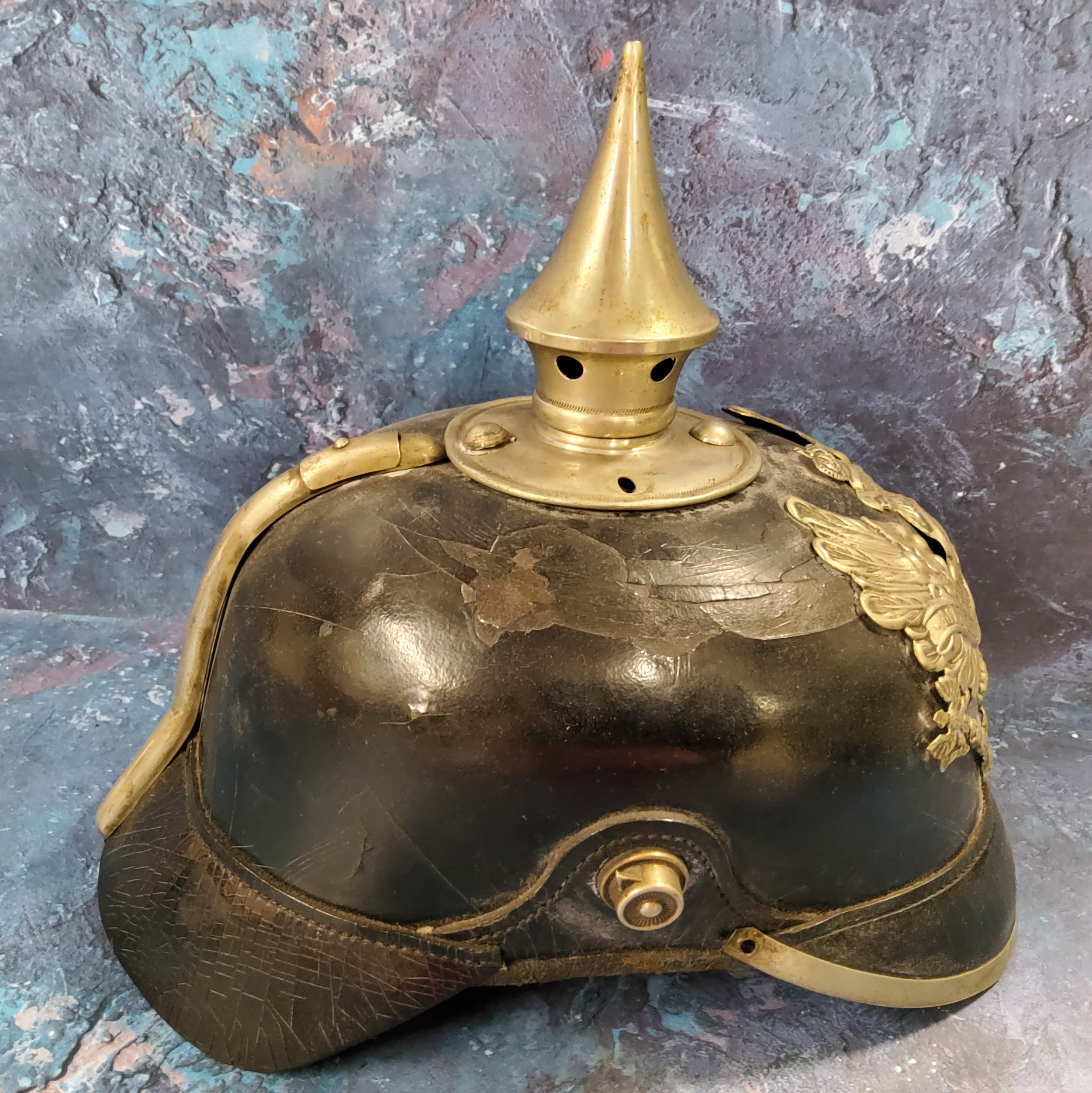 A World War I German Pickelhaube spiked helmet leather skull, original lining spike top, pressed - Image 4 of 5