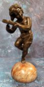 French School, 19th century, a dark patinated bronze, Bacchic Putto, with tambourine, domed marble