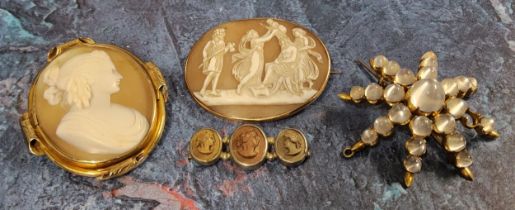 A yellow metal mounted oval cameo depicting a Greek maiden; another depicting a Greek Mythical