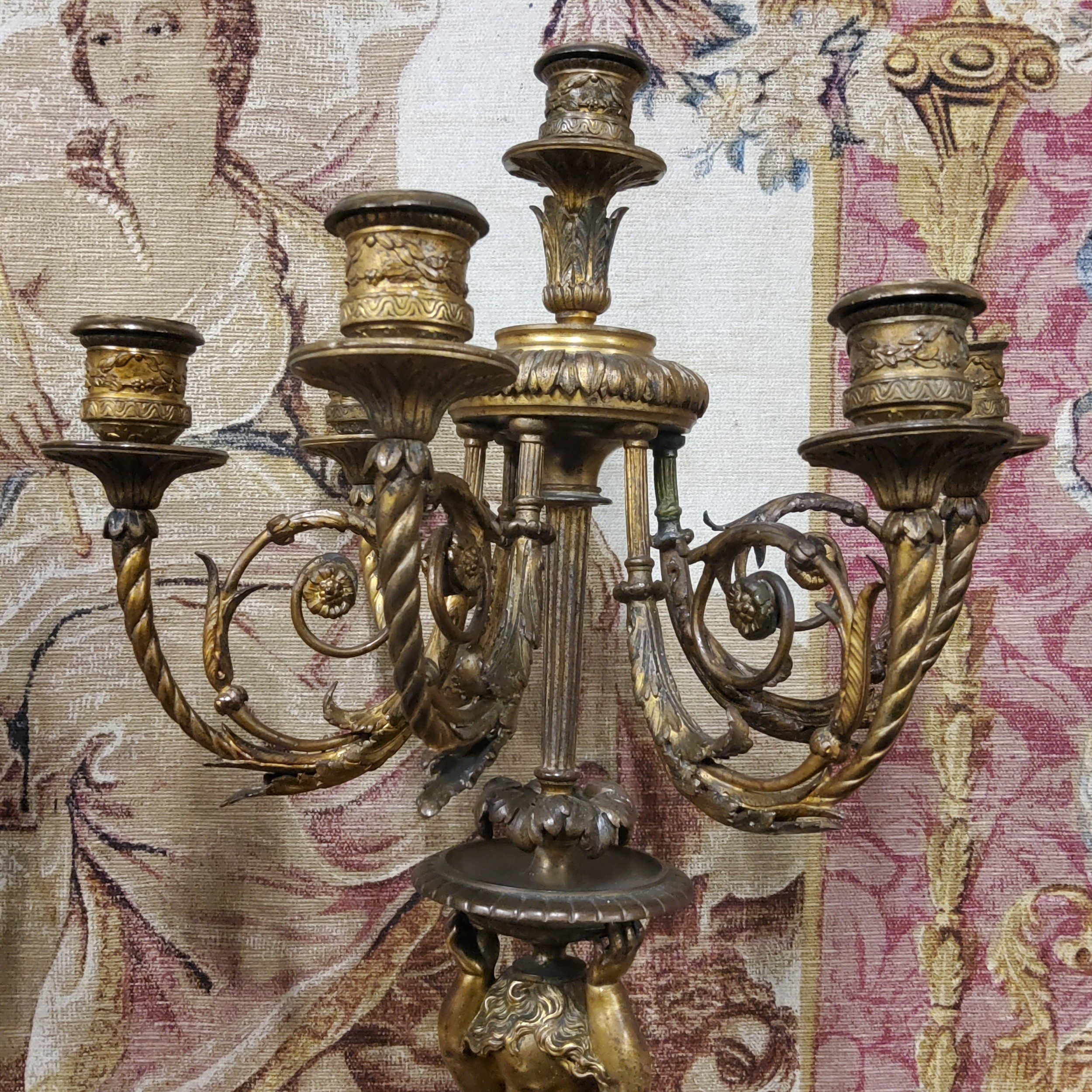 A good pair of 19th century gilt bronze and alabaster five branch, six light candelabras, the ornate - Image 3 of 5