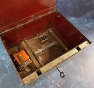 An early 20th century industrial safety deposit box, red interior, battery alarm, 24.5cm x 13cm