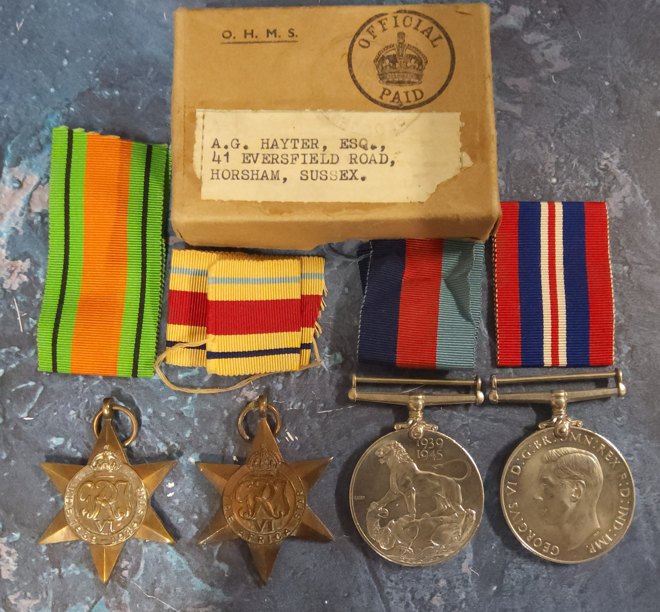 Medals, World War II, a set of four, 1939 - 45 Star, Africa Star, Defence Medal, 1939 - 45 Medal,