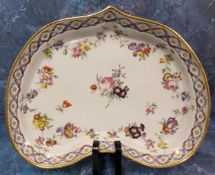 A Bristol heart shaped  dish,   painted colourful floral swags,  central floral bouquet, bordered