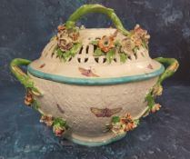 A Derby Patch Mark basket weave tureen and cover, encrusted with flowers and painted with insects,