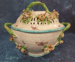 A Derby Patch Mark basket weave tureen and cover, encrusted with flowers and painted with insects,