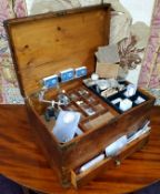 A 19th century pine watch makers table top cabinet, hinged top, drawer to base, 30cm high, 47cm