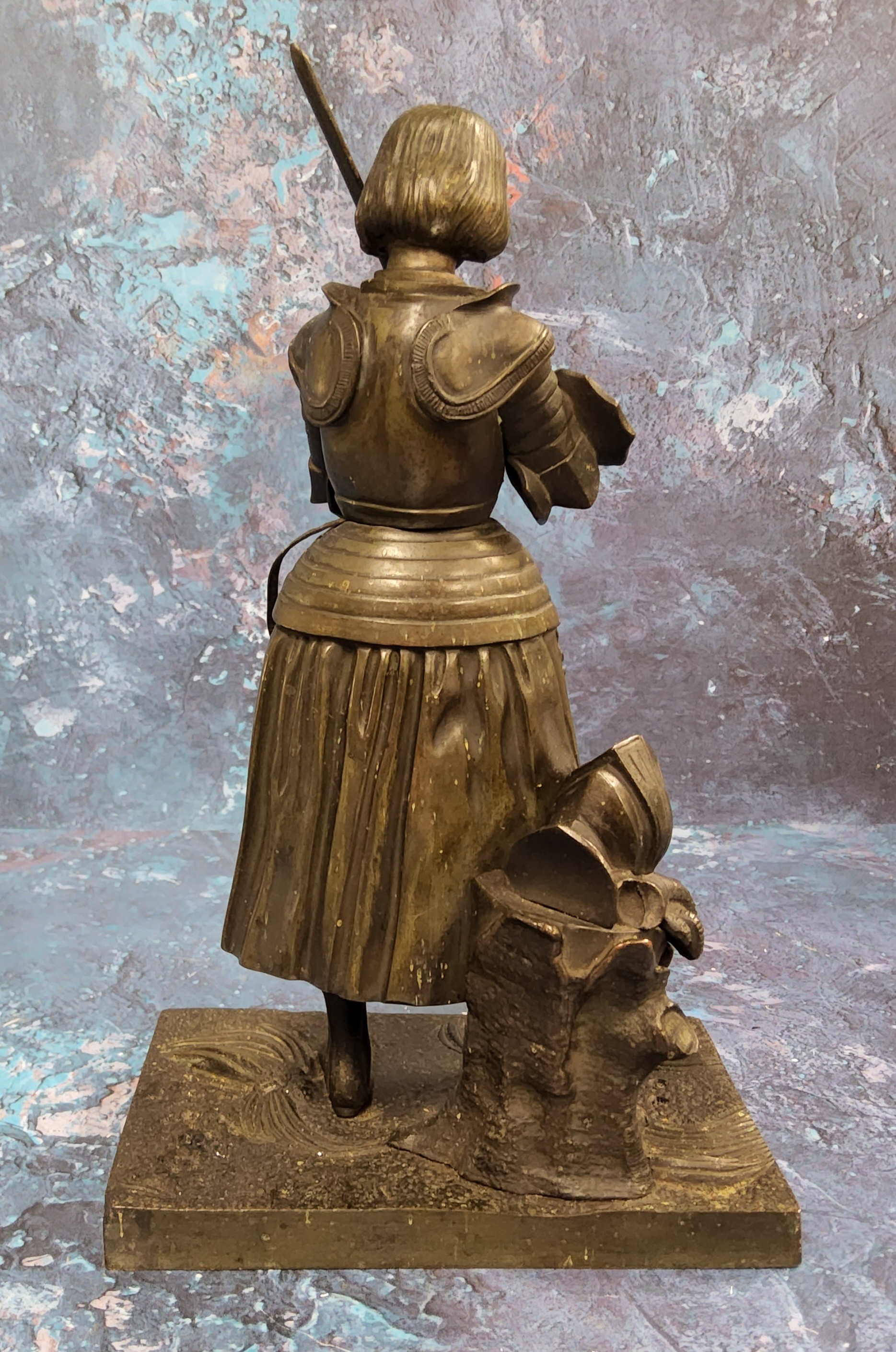 French School, 19th century, a dark patinated bronze, Joan of Arc, she stands in full armour, with - Image 2 of 2