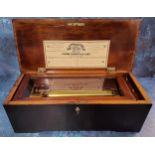 A 19th century Swiss mahogany musical box, scumbled finish, 21cm cylinder  one-piece comb, hinged