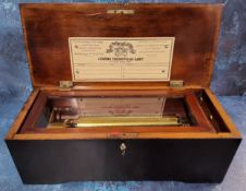 A 19th century Swiss mahogany musical box, scumbled finish, 21cm cylinder  one-piece comb, hinged