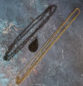 A Victorian gold plated muff chain, 154cm long; a Victorian woven hair necklace, 120cm long; a jet