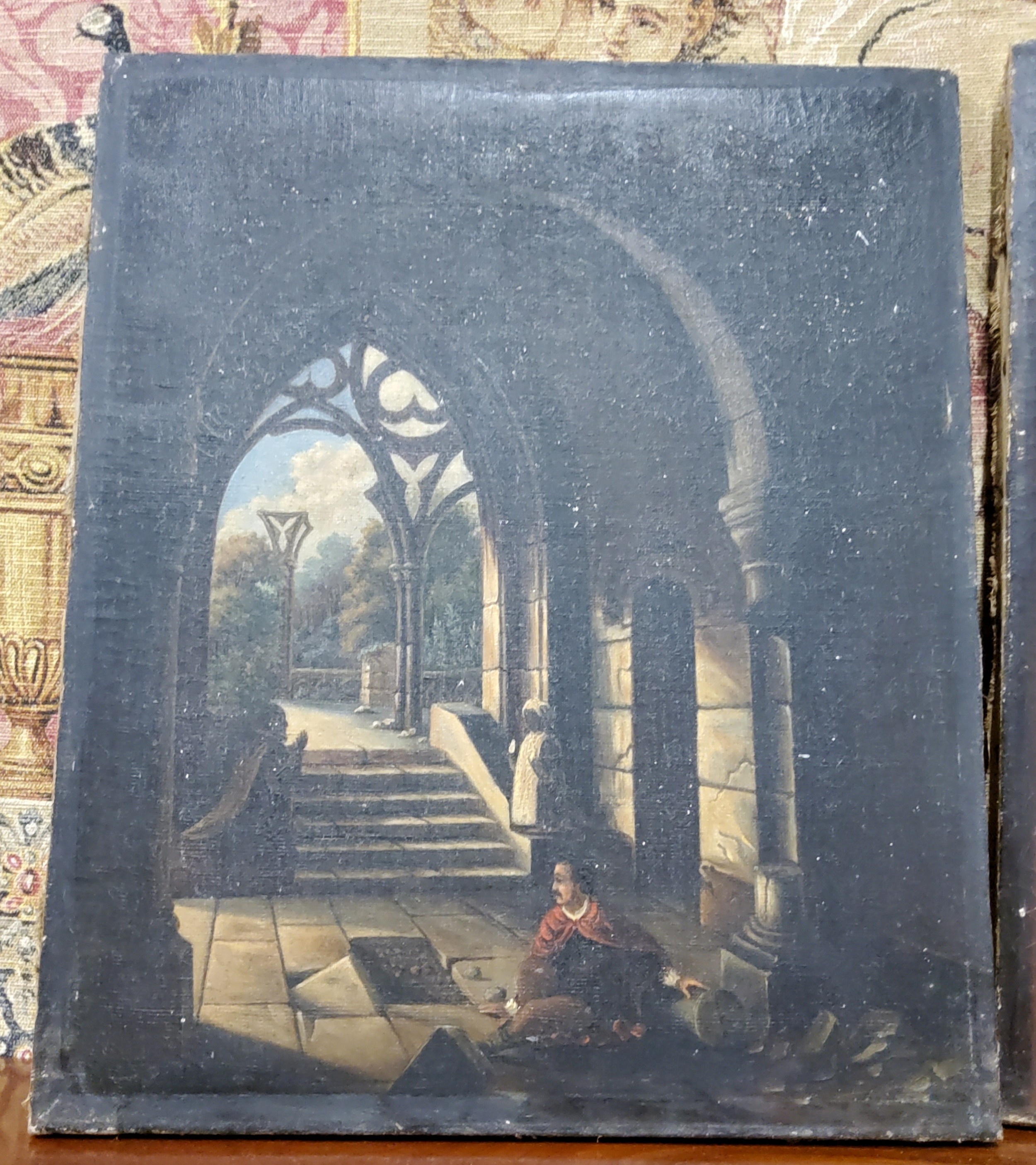 French School (19th Century)  Monastery Interiors At Dusk, a near pair, Indistinctly signed, oil - Image 3 of 5