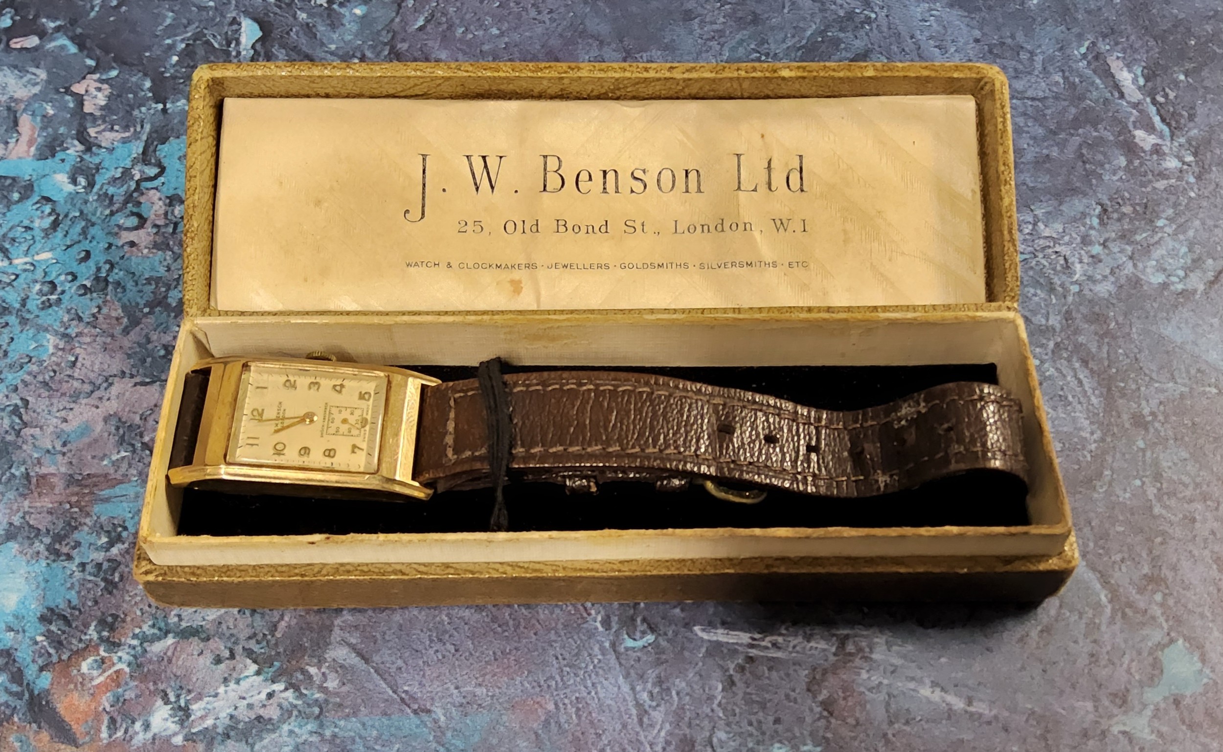 A 9ct gold gentleman's J.W. Benson tank watch, Swiss Cyma 15 jewel movement, cream dial, Arabic - Image 3 of 3