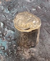 A 19th century Dutch silver miniature trinket box, the sides embossed with figures, the hinged cover