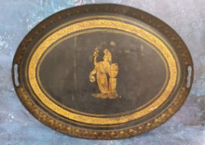 A 19th century oval two-handled tray, decorated in gilt with classical figure, inscribed Peace