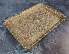 An Edwardian silver card tray, fluted border, heavily embossed with scroll & foliate, vacant