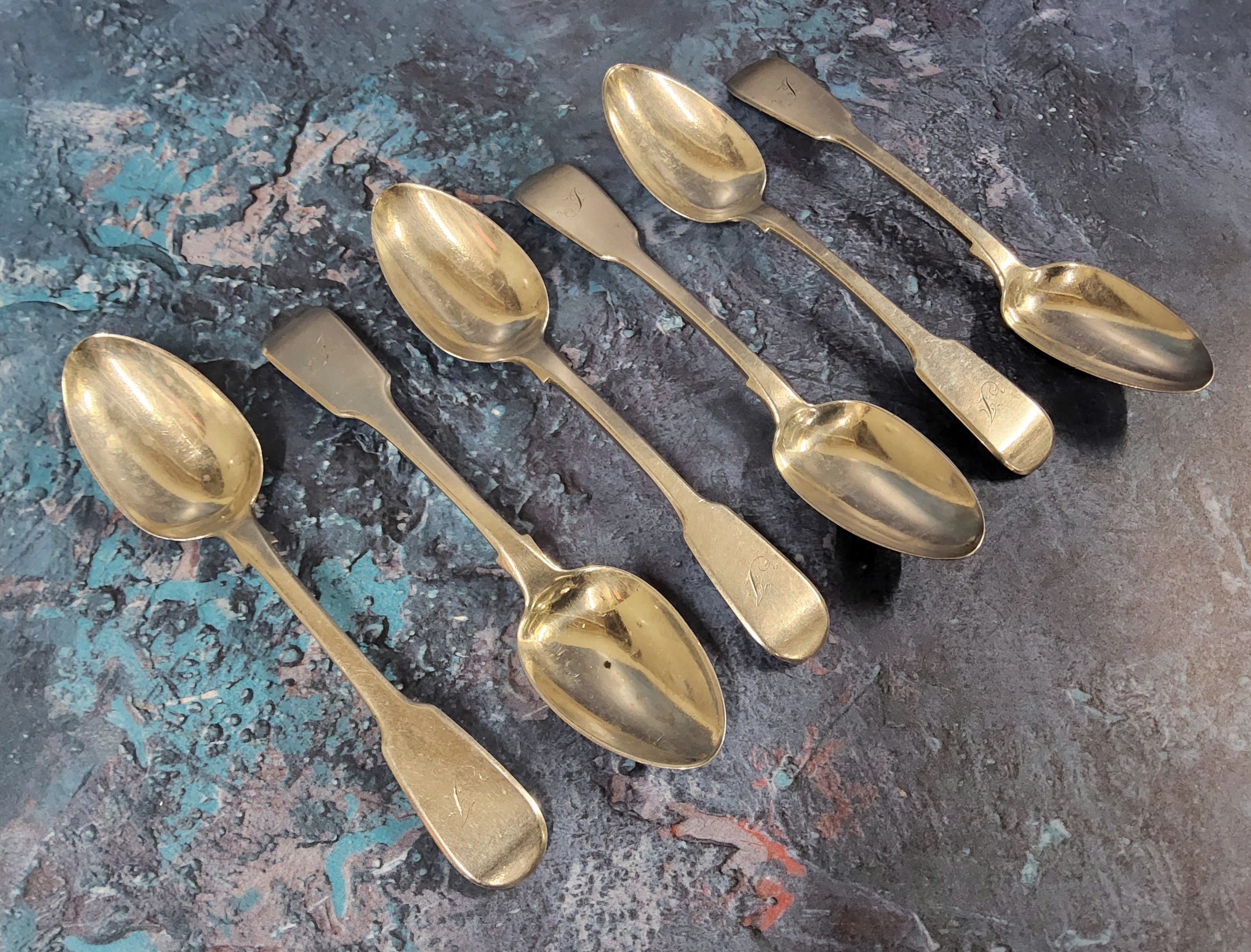 A set of six George III silver Fiddle pattern tea spoons, William Bateman, London 1832, 171g, 5.5toz