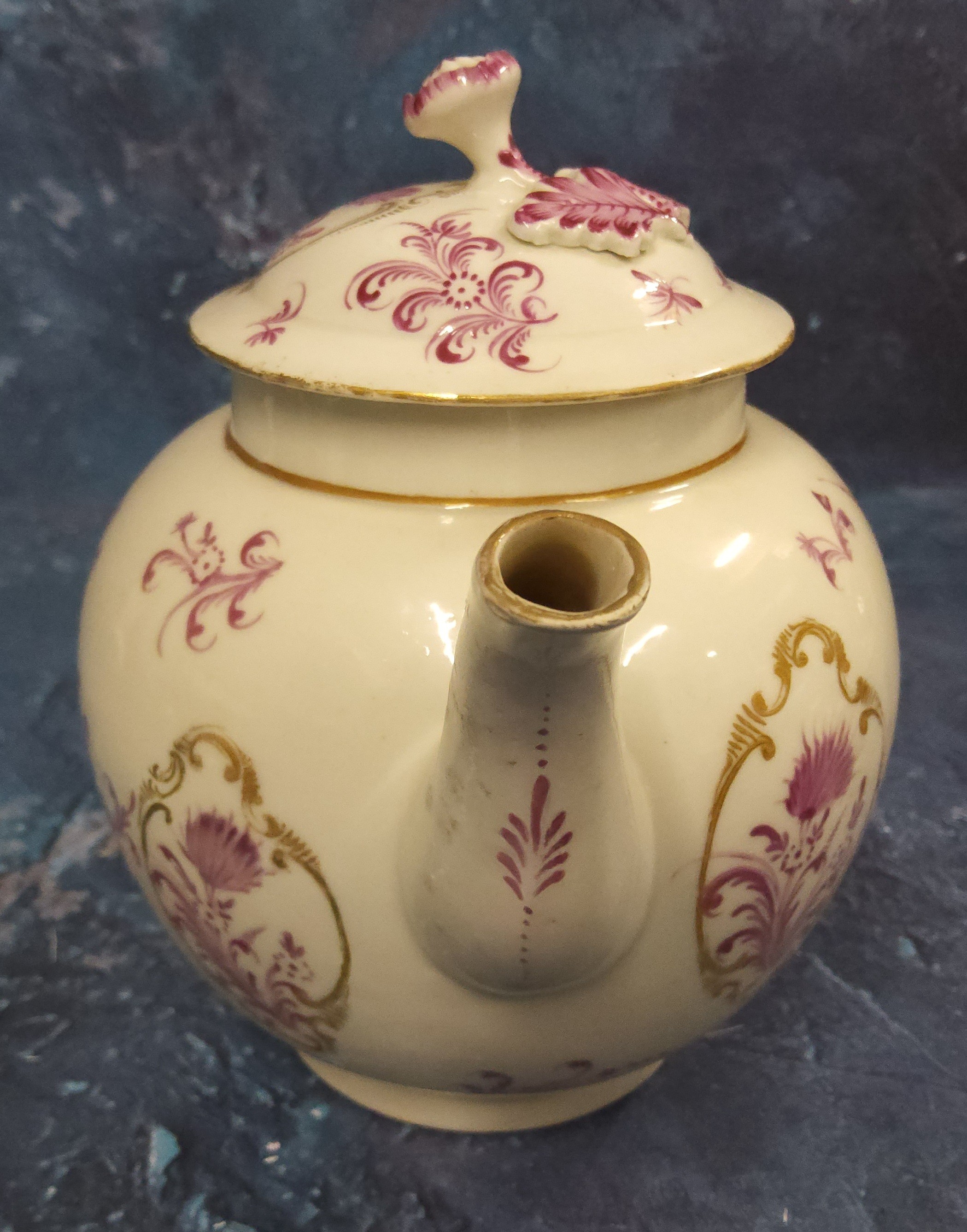 A Worcester globular teapot and cover,  painted in Meissen style with puce flowers in gilt - Image 2 of 6