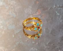 A Victorian 18ct gold diamond, turquoise, & ruby floral cluster ring, the shoulders decorated in