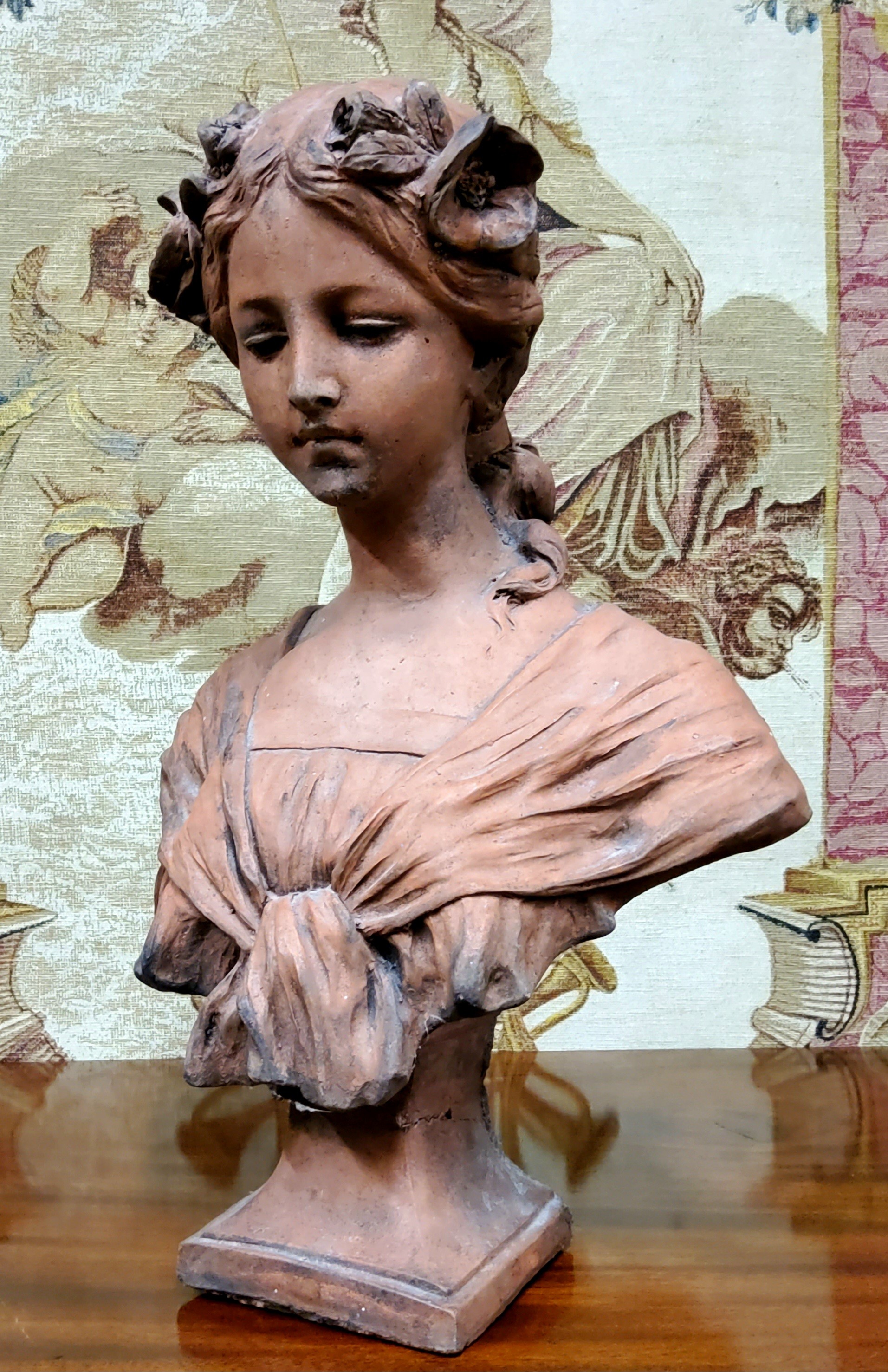 French School, early 20th century, a signed terracotta bust, of a young lady with floral chaplet, - Image 6 of 6