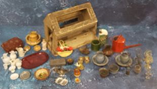Doll House Accessories - a white painted wooden garden potting shed; a red tin plate watering can;