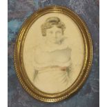 A George III miniature, of a lady, wearing a white collared dress, watercolour, 9.5cm high, gilt