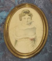 A George III miniature, of a lady, wearing a white collared dress, watercolour, 9.5cm high, gilt