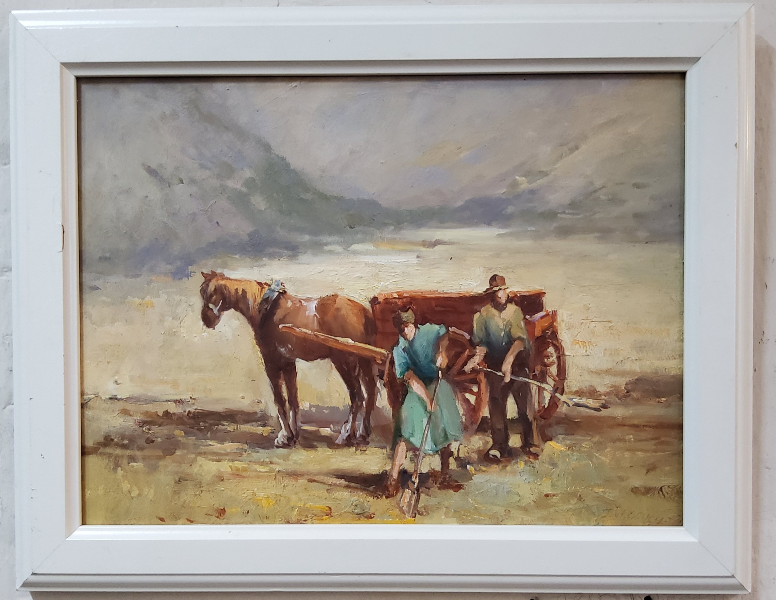 John W Gough, 20th century, Digging for Mussels, signed, oil on board, 29cm x 39cm